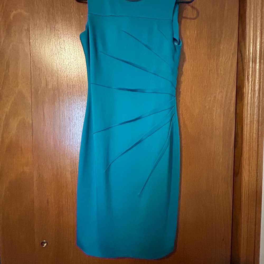 Calvin Klein Teal Sheath Dress with Diagonal Pleats